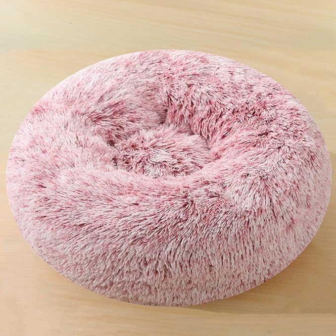 Large Calming Dog Bed, 47 Inch Anti-Anxiety Donut Dog Cuddler Cat Bed, Warming Cozy Soft Dogs Round Bed, Fluffy Faux Fur Machine Washable Pet Cushion for Medium Large Dogs & Cats (Rose White)