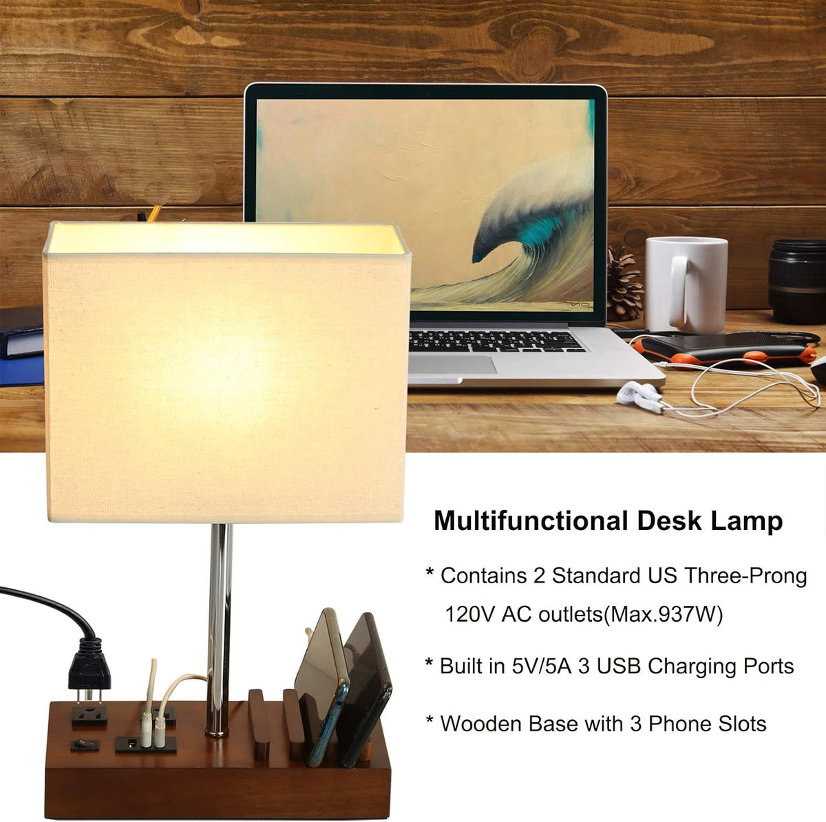 Briever USB Table Lamp, Multi-Functional Desk Lamp with 2 AC Outlets, Bedside Lamp with 3 USB Charging Ports and Wooden Phone Stands, Nightstand Lamp for Bedroom, Livingroom, Office, Walnut Wood
