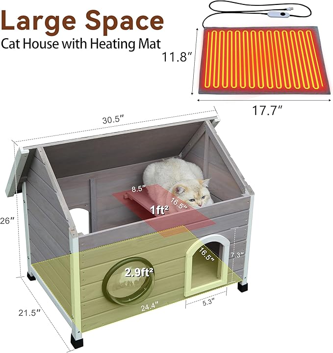 Rockever Heated Outdoor Cat House, 100% Weatherproof Heated Cat House for Outside Cats Winter with Heating Pad, Safe Escape Door and Clear Windows for 2 Cat