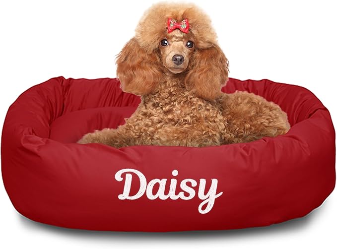 Majestic Pet Personalized 32 Inch Bagel Calming Dog Bed - Washable, Cozy Soft Round With Spine Support - Fluffy Donut Shape 32x23x7 Inch for Medium Dogs - Red