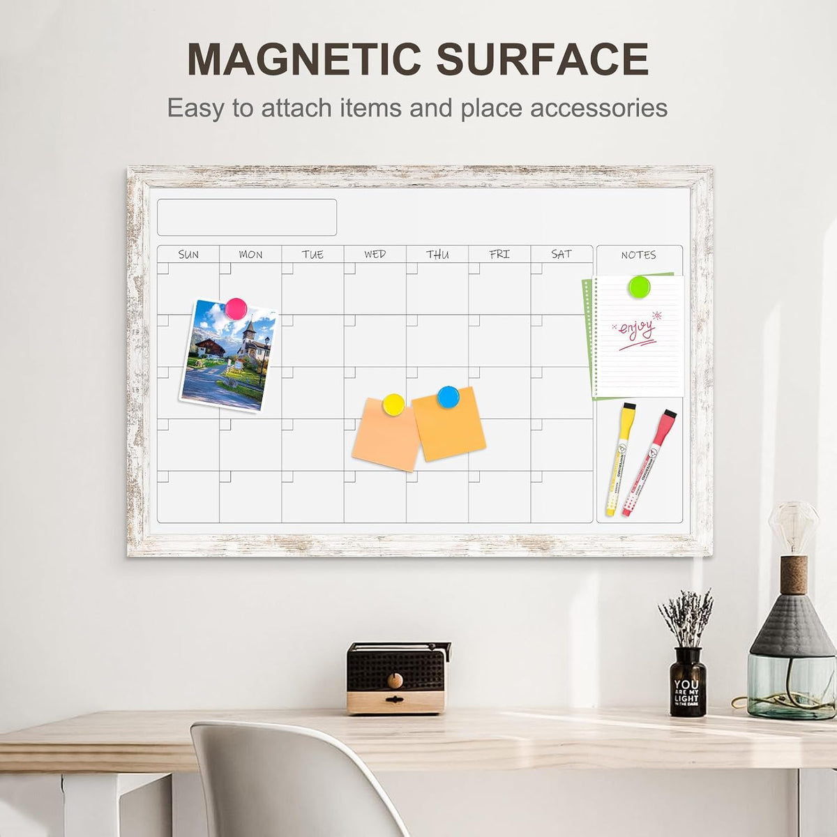 Monthly Dry Erase Calendar Whiteboard for Wall, 36"x24", Rustic Wood Frame