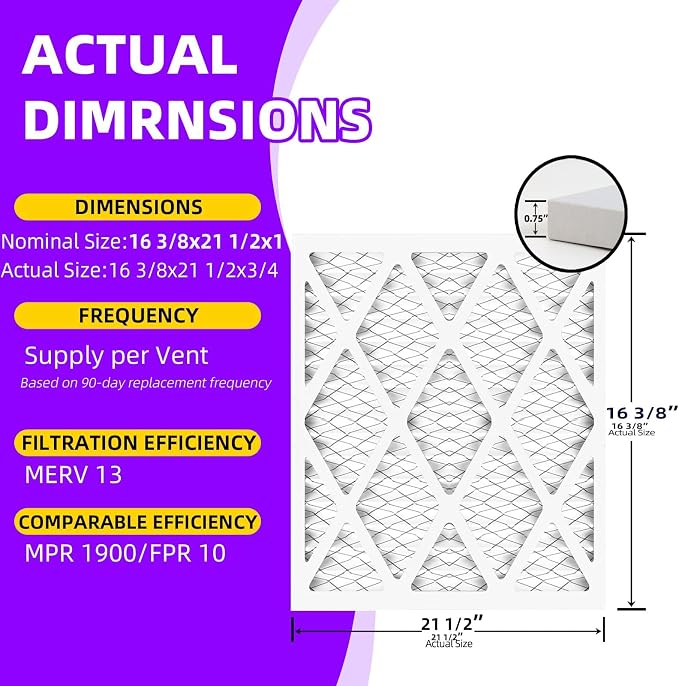 16 3/8x21 1/2x1 MERV 13 Pleated Air Filter MPR 1900 & FPR 10, Furnace Air