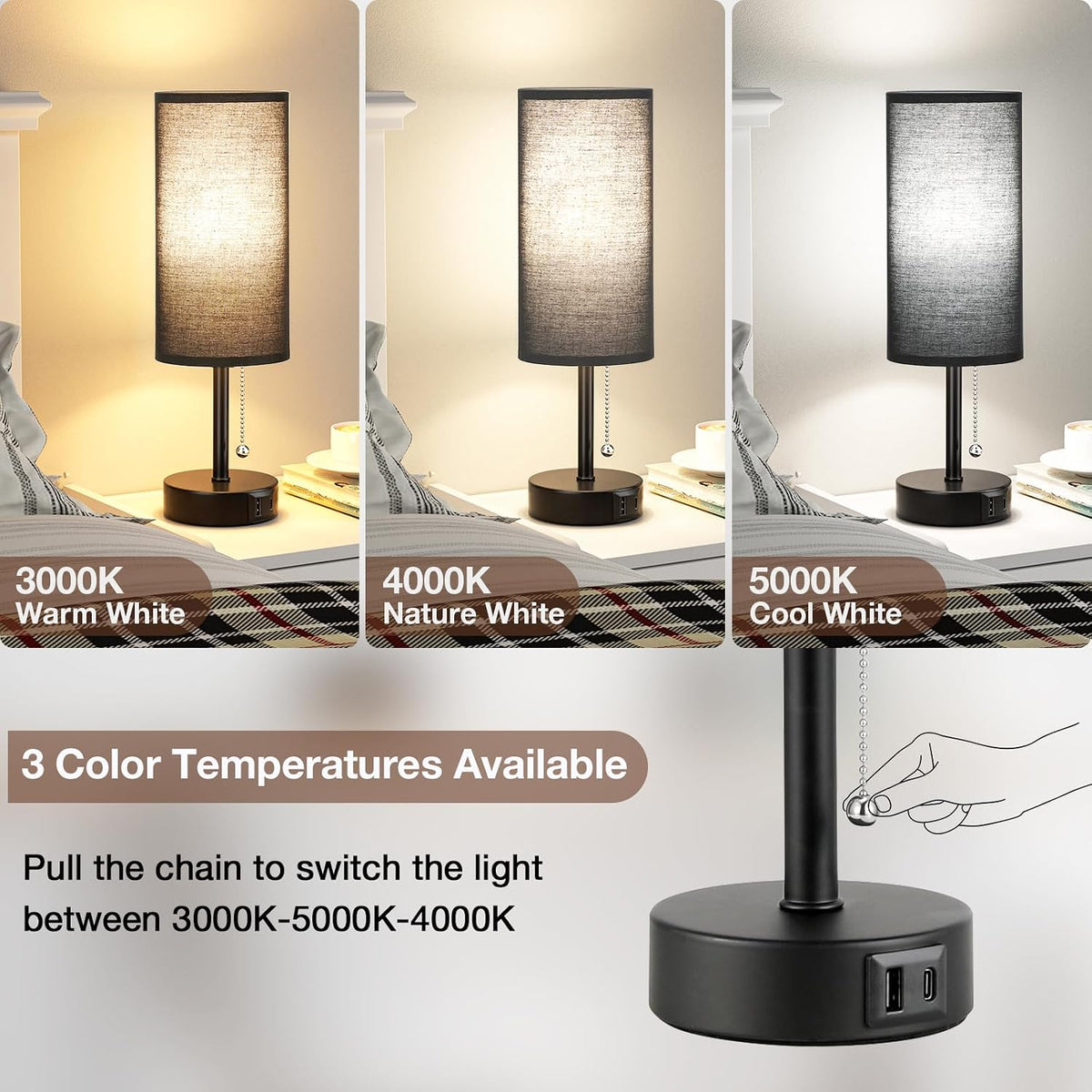 Black Bedside Lamp for Bedroom Nightstand - Small Table Lamp Set of 2