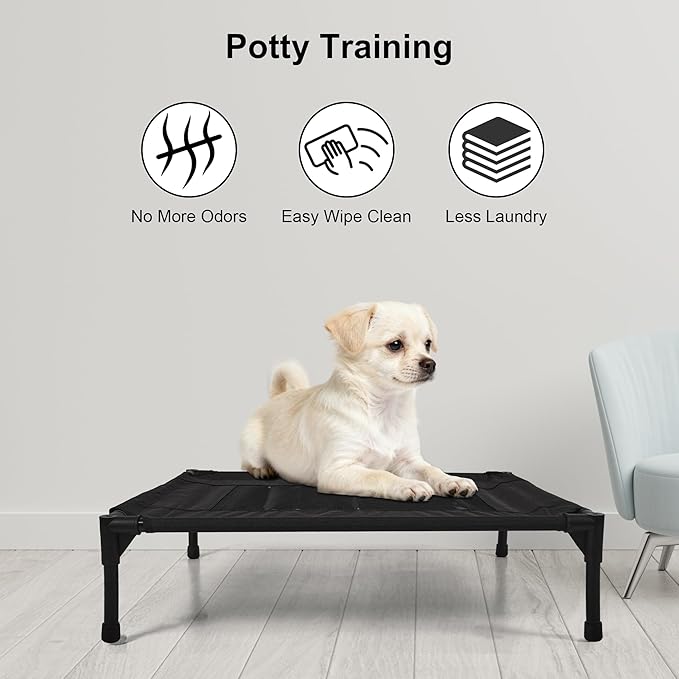 Raised Dog Bed Cooling Cot for Indoor Outdoor Use Portable Waterproof Mesh Pet Bed Washable for Large Medium Small Dogs, Black