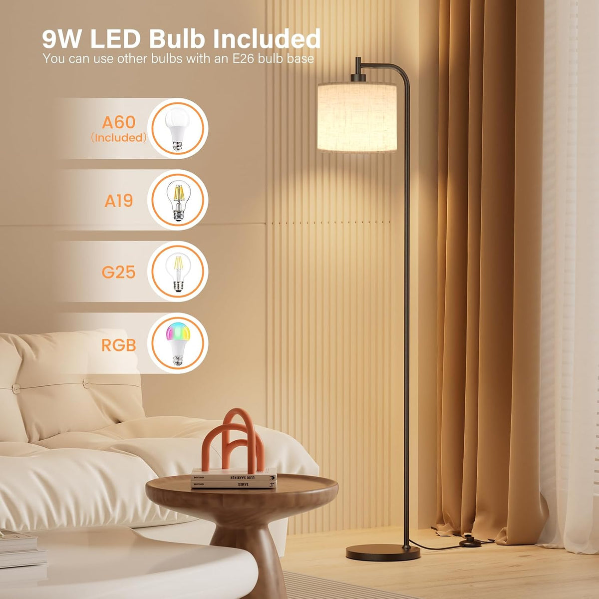SIBRILLE Floor Lamp for Living Room, Tall Standing Lamp with Linen Shade