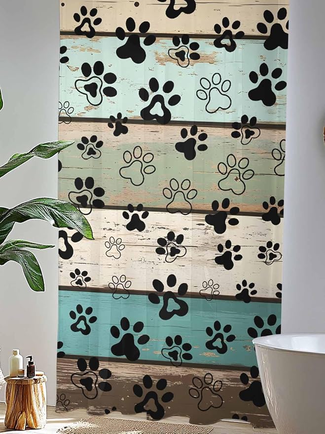 Sheer Curtains 108 Inches Long, Sage Green Brown Paw Prints Semi Sheer Curtains