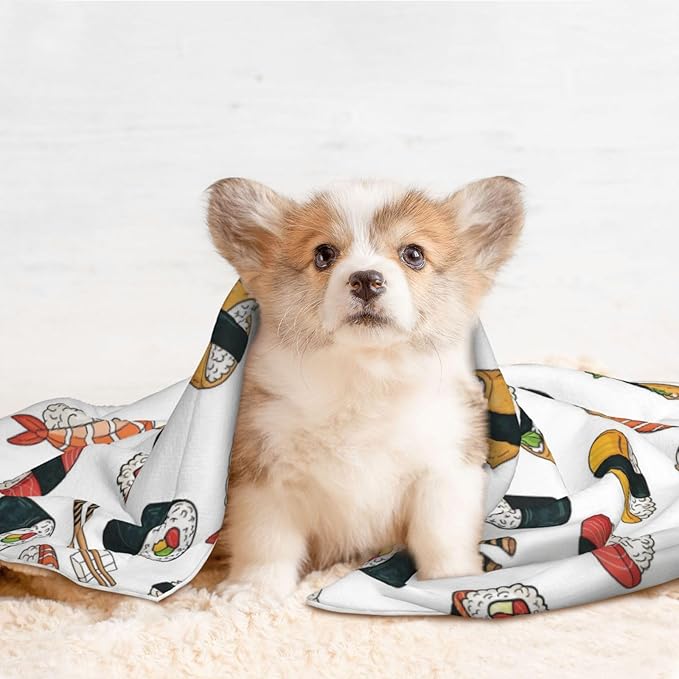 Two Sided Plush Pet Blanket for Warmth Comfort, Sushi, Reversible Throw with Cozy Nubby Side for Chilly Nights Napping Spots Around House