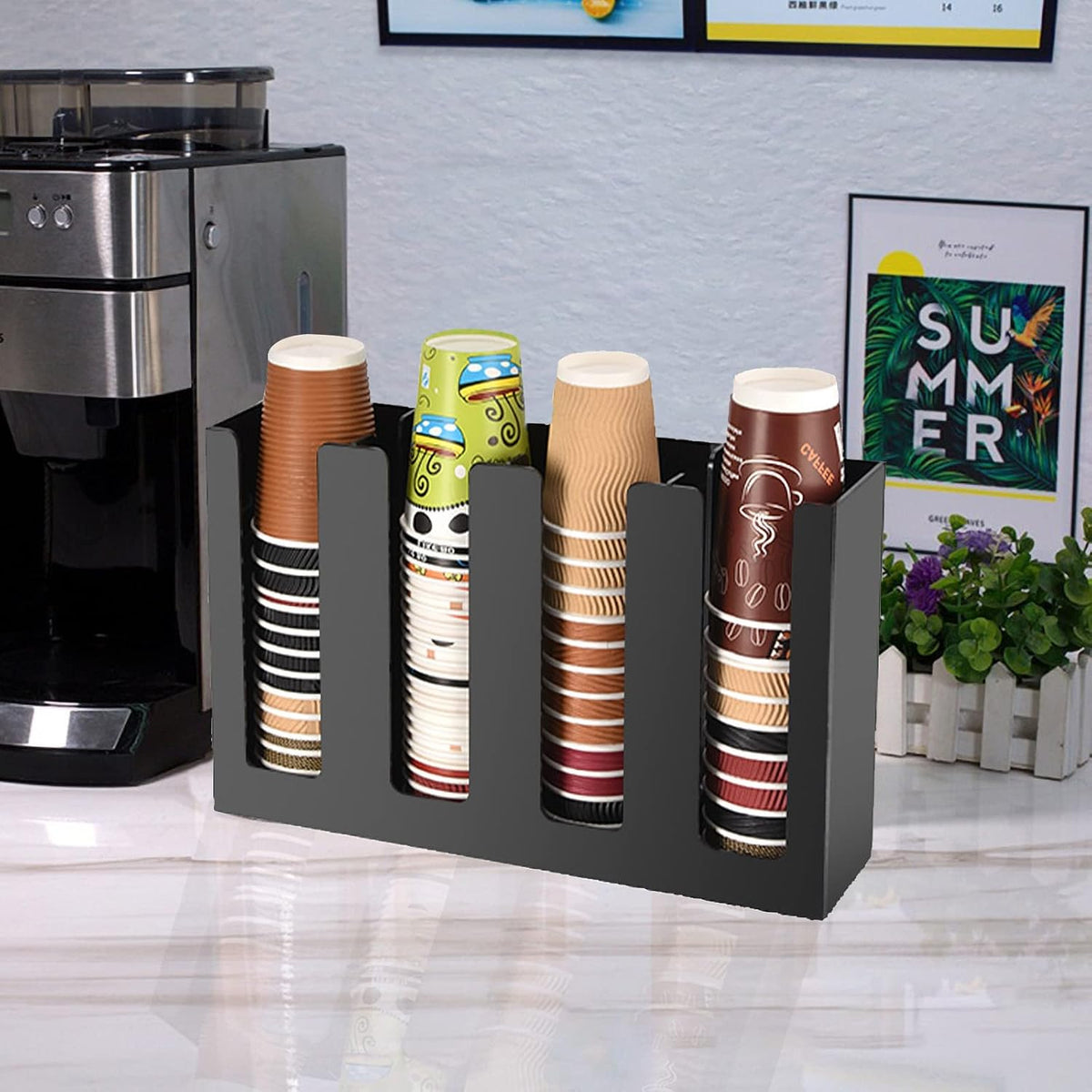 Tirifer Disposable Coffee Cup Dispenser Organizer Paper Cup Lid Sleeve Holder Presentation Storage Coffee Milk Tea Shop Restaurant Accessories Halloween Party Supplies, 4 Compartments
