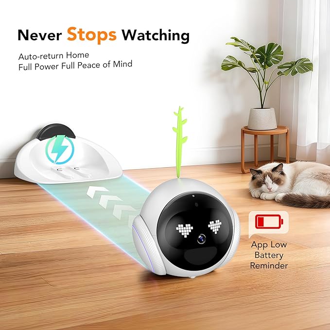 RPZ Pet Camera Indoor, Dog Camera, Movable Home Security Robot with Phone App, 2 K Cat & Puppy Mini Robot, Long Distance on Wheels Safety Alerts, Pet Auto Tracking, 2-Way Speaker
