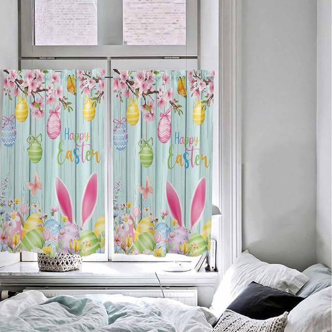 Happy Easter Kitchen Curtains 45 Inches length, Spring Bunny Eggs Flower Teal