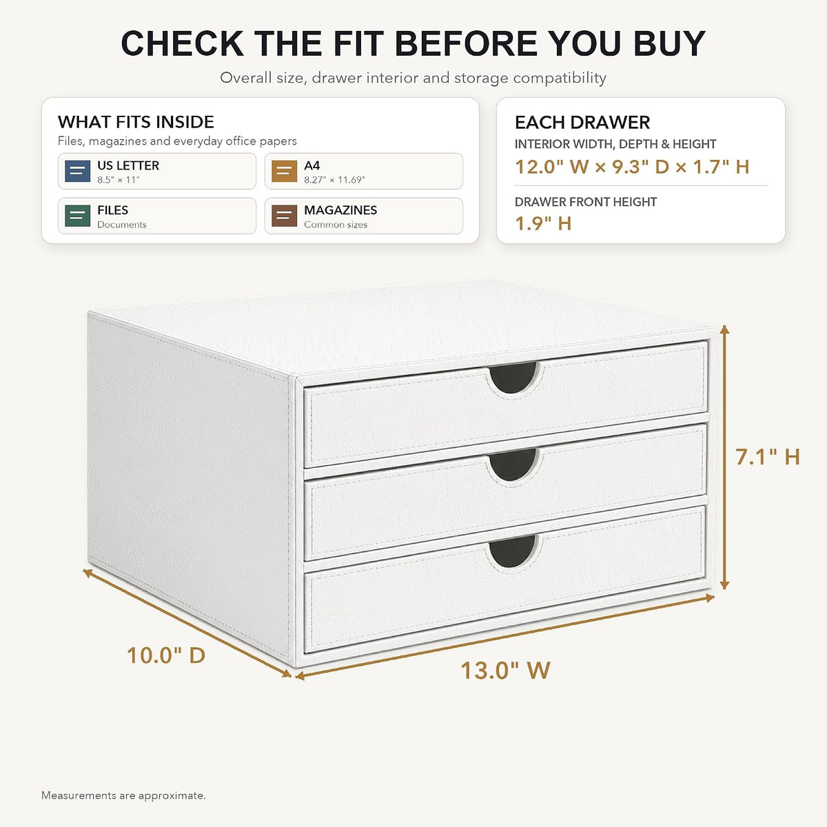 UnionBasic Document Organizer, 3-Drawer File Cabinet Document Storage Box, Office Desktop Filing Organizer, Croco White