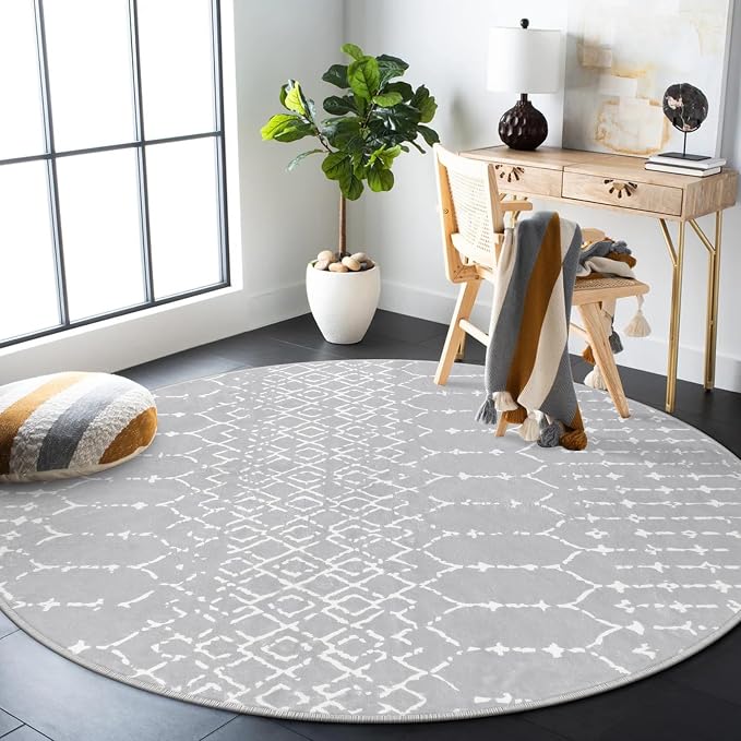 Lahome Moroccan 5Ft Round Rug Machine Washable Round Bedroom Carpet Grey