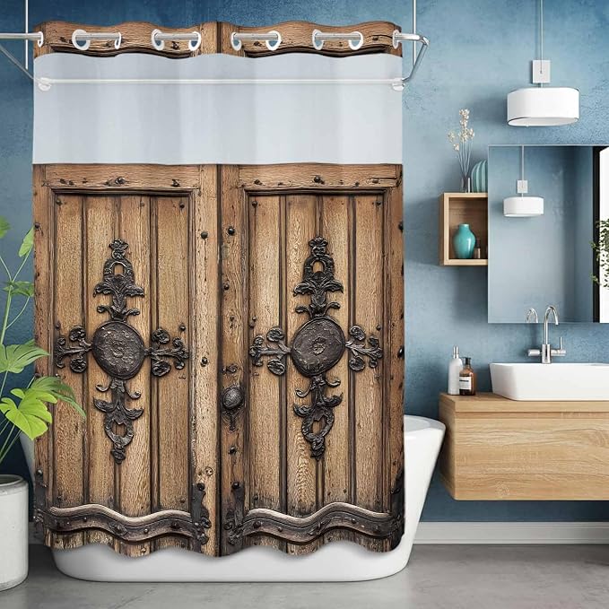 Wood Barn Door No Hook Shower Curtain