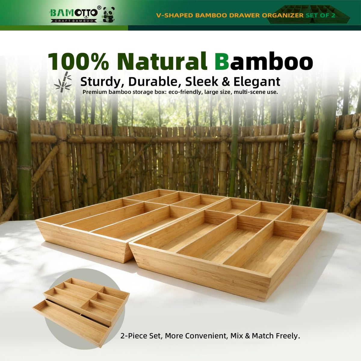 BAMOTTO CRAFTBAMBOO 13 Slot V-Shaped Bamboo Drawer Organizer Set of 2