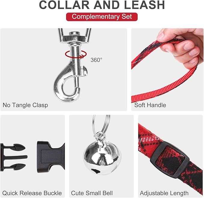 EXPAWLORER Classic Plaid Puppy Harness - Small Dog Harness and Leash Set - Dog Collar and Leash Set with AirTag Holder, Soft Padded Step in Dog Vest Harness No Pull Reflective for Outdoor, Red XS