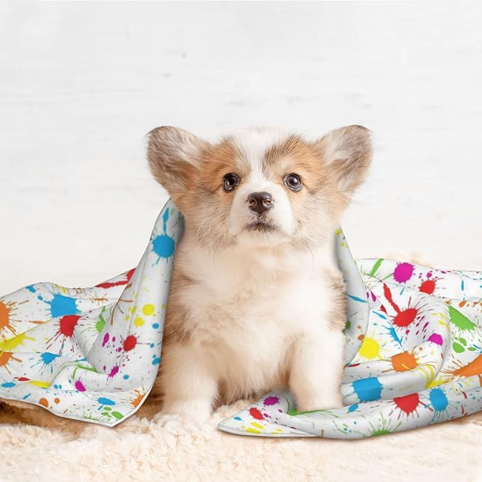 Reversible Plush Throw for Dogs and Cats, Paint Splatter Colorful, Double Sided Blanket with Nubby Dot Side and Sleek Side Ideal for Cuddling Nesting Security