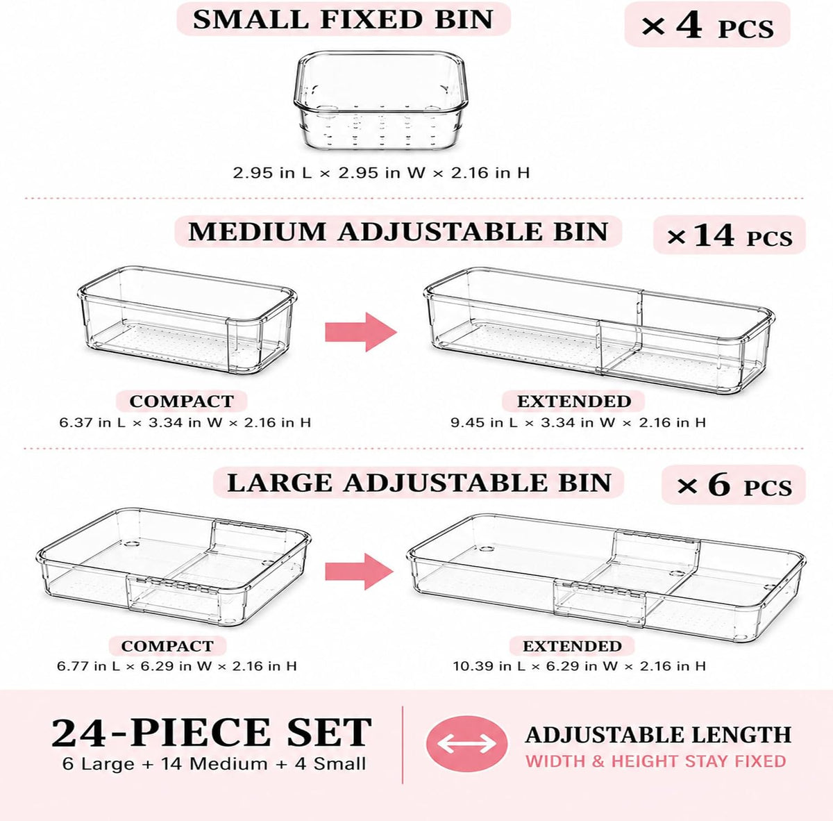24 Pcs Clear Adjustable Drawer Organizer, 3-Size Expandable Desk Drawer Organizer Box, Acrylic Storage Bins for Makeup, Cosmetic, Kitchen Utensils, Bedroom Dressers Tool Organizer for Gadgets (24)