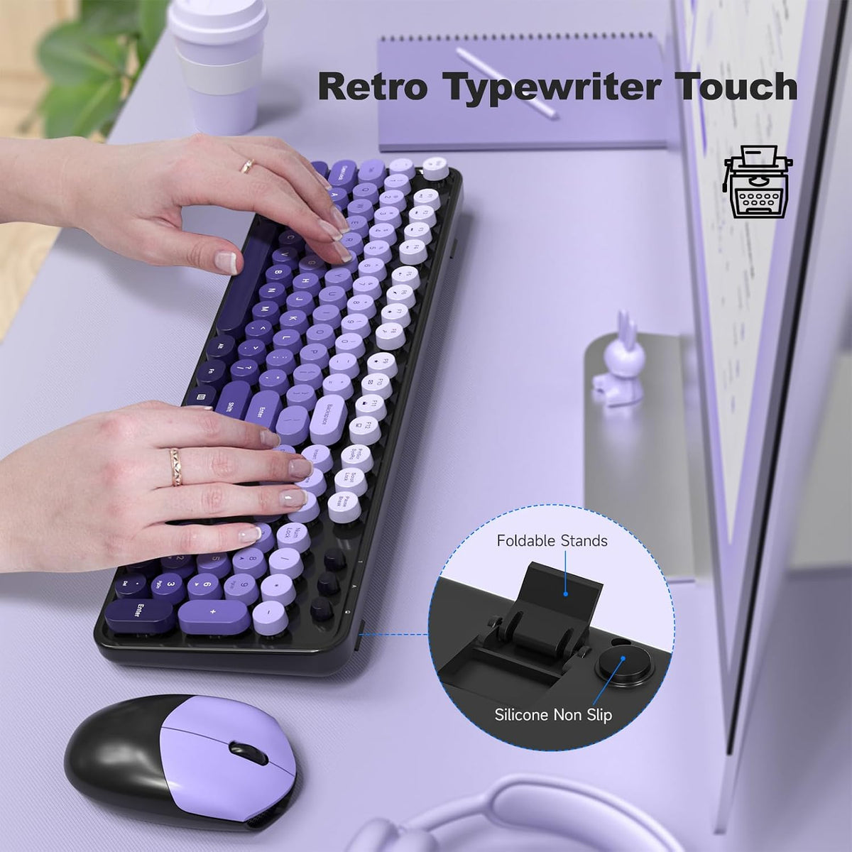 Wireless Keyboard and Mouse Combo, 2.4GHz Retro Full-Size Typewriter Keyboard with Number Pad and Wireless Mouse for PC/Laptop/Desktop/Windows (Black Purple Colorful)