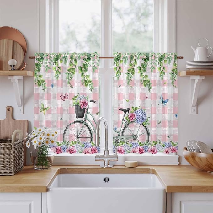 Spring Tier Curtains, Bicycles Leaves Butterfly Flowers Pink Buffalo Plaid