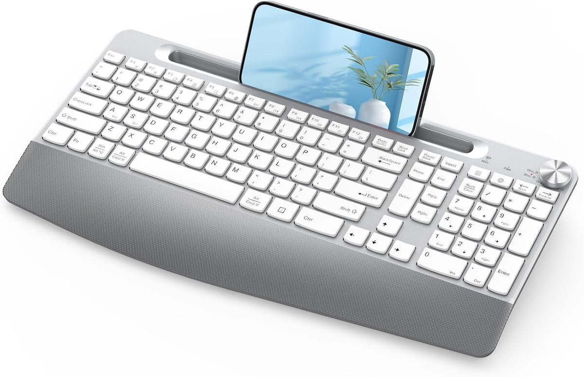 JOYACCESS Ergonomic Wireless Keyboard, 2.4GHz Cordless USB Full-Size Keyboard with Wrist Rest, Quiet Design & Numeric Keypad, Phone Holder for Desktop, Laptop, PC, Mac, Windows -Silver White