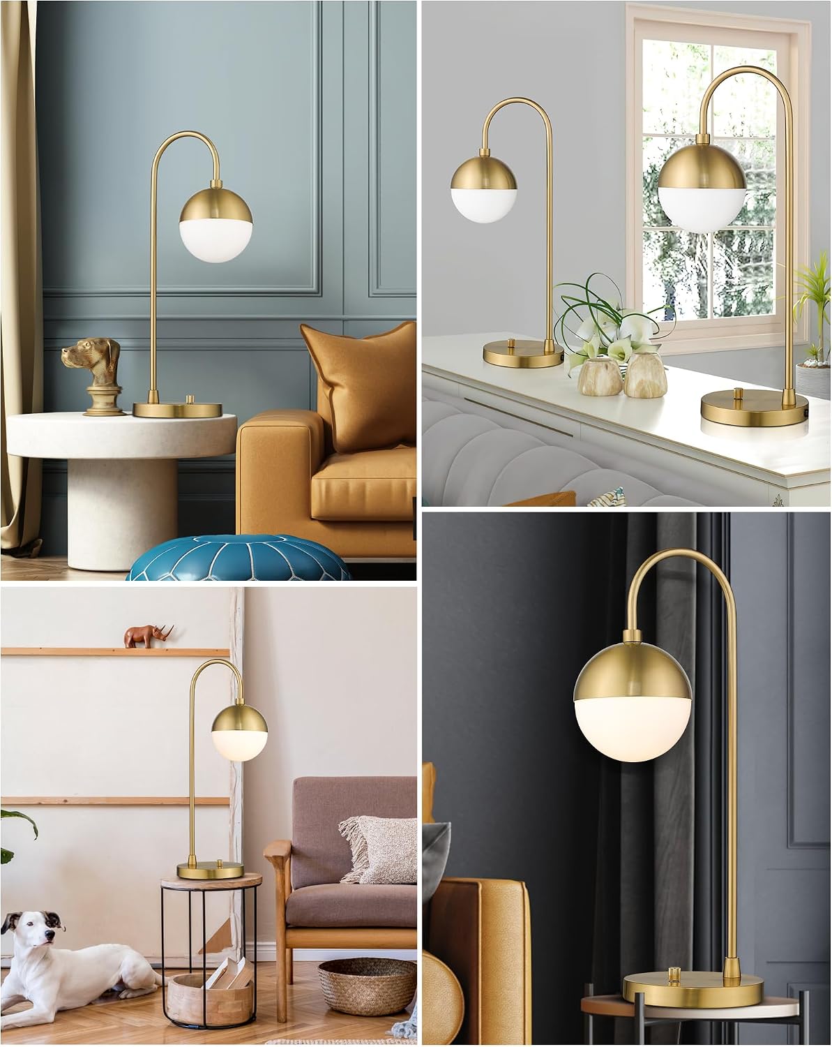 LMS Modern Gold Table Lamp with White Glass Globe, Gold Desk Light Bedside Lamp with Brushed Brass Finished for Living Room Office Nightstand, Dimmable Switch