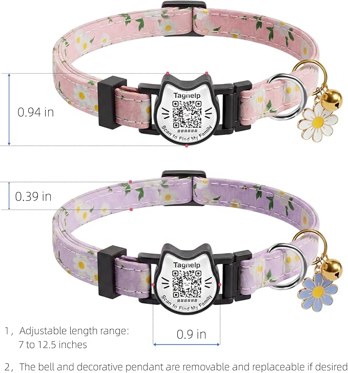 4 Pack-QR Code Cat Collar Breakaway Safe - Cotton Reflective Kitten Collar with Bell & Floral Pendant, Pink Purple Flowers Design, Customizable Online Pet ID for Lost Cats,Flower Pendan