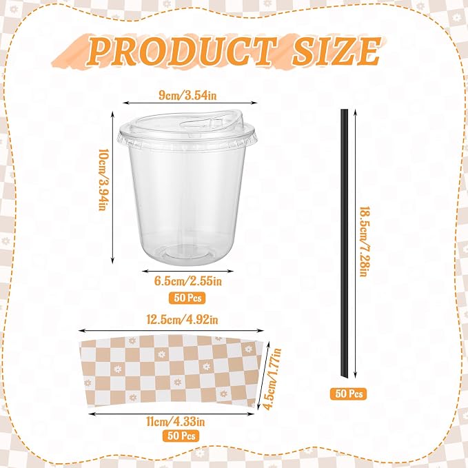 50 Sets 12 Oz Clear Plastic Coffee Cups