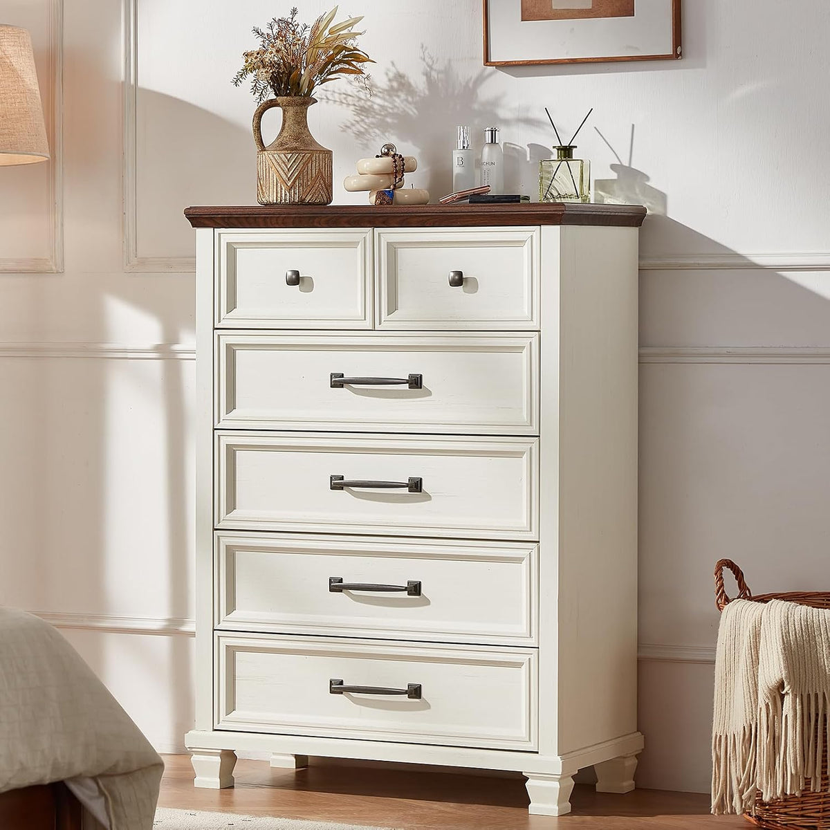 SAVOR LIFE Farmhouse 6 Drawer Dresser for Bedroom, 45 Inch Tall Vintage Wood Chest of Drawers, Rustic Dressers w/Square Wooden Legs, Mid-Century Storage Organizer for Living Room, Hallway, White