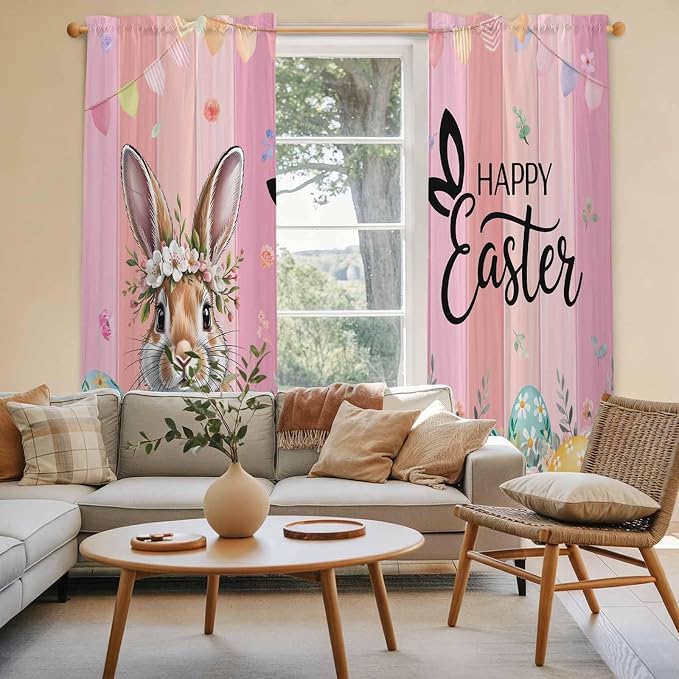 Easter Kitchen Curtains, Spring Rabbit Eggs Flowers Flags Leaves Wood Grain