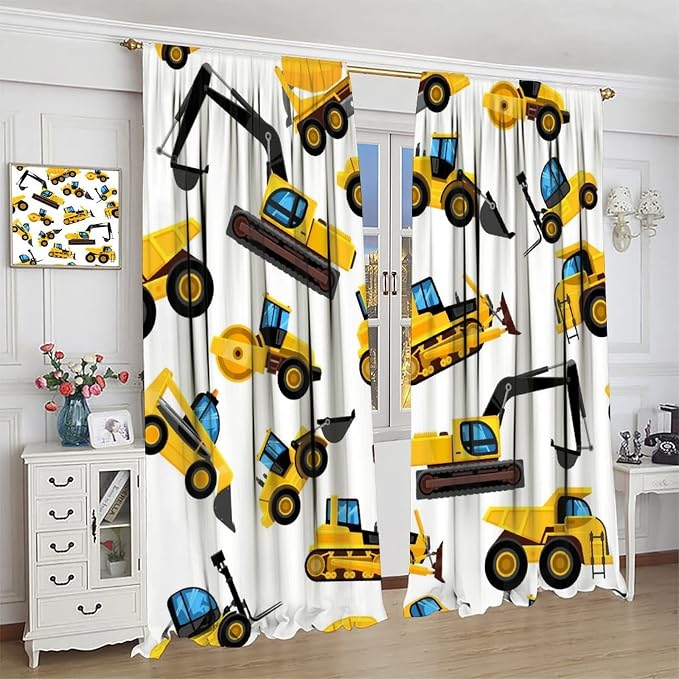 Kids Construction Equipment Window Curtains, Excavator Tractor Tow Truck Rod