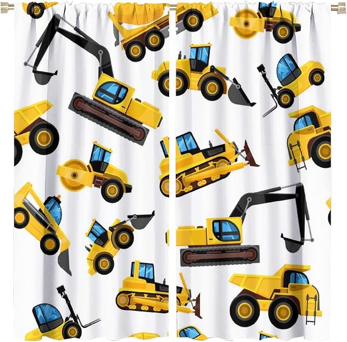 Kids Construction Equipment Window Curtains, Excavator Tractor Tow Truck Rod