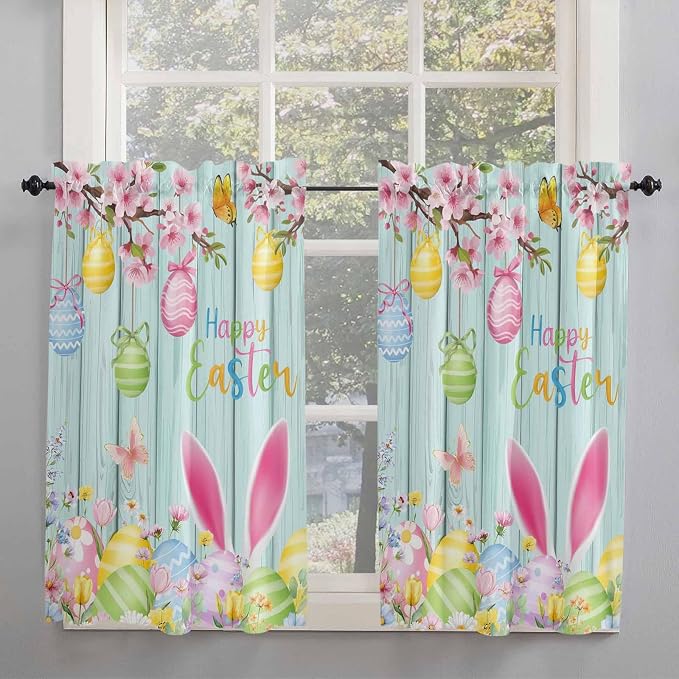 Happy Easter Kitchen Curtains 45 Inches length, Spring Bunny Eggs Flower Teal