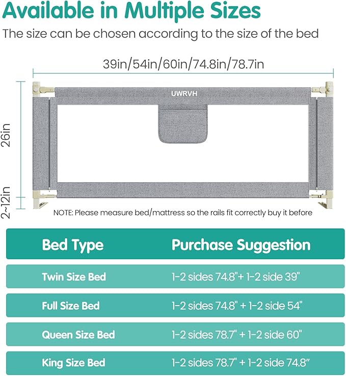 Bed Rails for Toddlers，Toddler Bed Rails，Bed Rail for Baby - Adjustable Height Bed Guard with Child Safety Lock, Universal Fit for King/Full/Twin Beds (Grey, 1 Side 74.8Inch)