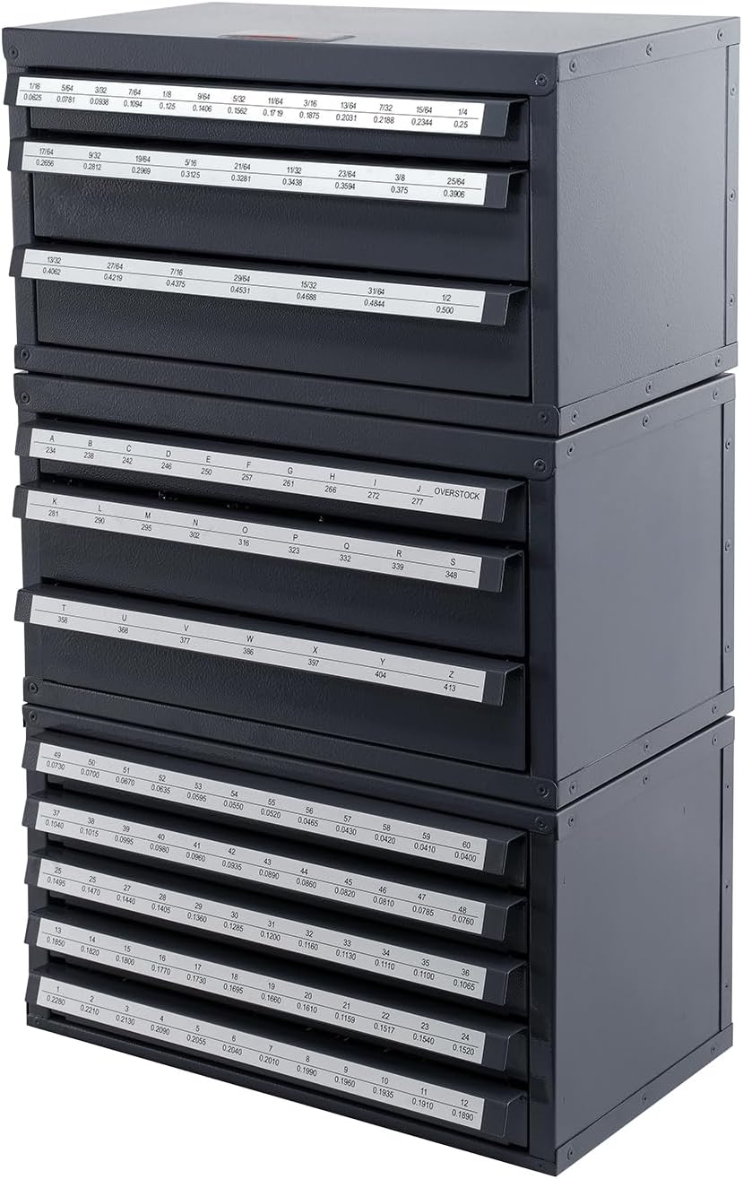 VEVOR Drill Bit Dispenser Cabinet Set, Three-Drawer for 1/16" to 1/2" & Letter Sizes A to Z, Five-Drawer Organizer for Wire Gauge #1 to #60, 3 Pieces