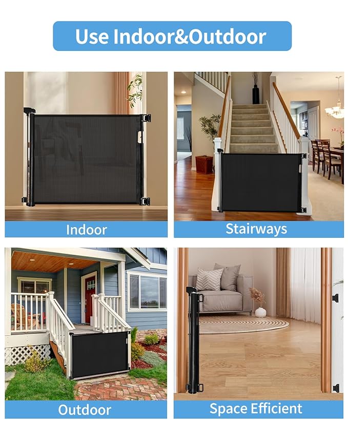 Retractable Baby Gate for Doorways and Stairs, Mesh Safety Gate for Pet, Indoor & Outdoor Use, One-Hand Operation, Easy Installation, 33.6" Tall, Expands to 71" Wide（Black,33.6"x71"）