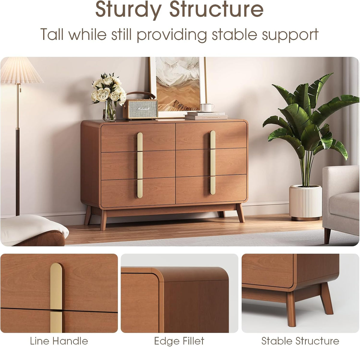 JOINICE Dresser for Bedroom with 6 Drawers,Mid Century Modern Dresser with Storage,47" Wide Chest of Drawers with Metal Handles,Large Wood Drawer Organizer for Bedroom,Living Room,Hallway,Cherry