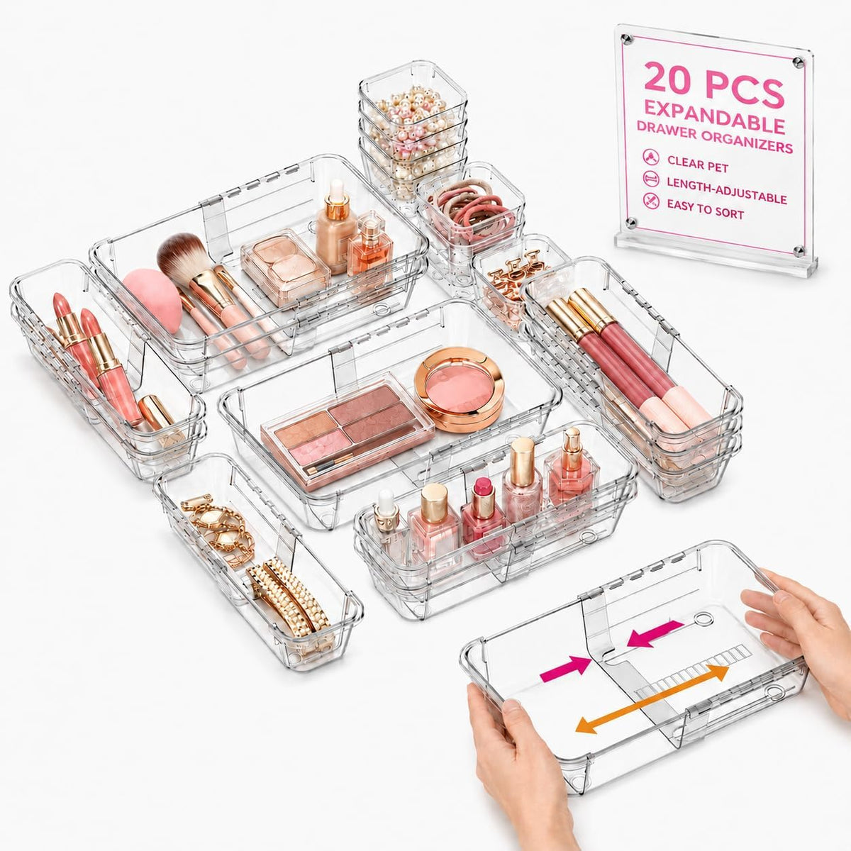 20 PCS Adjustable Expandable Clear Plastic Drawer Organizers 3-Size Set