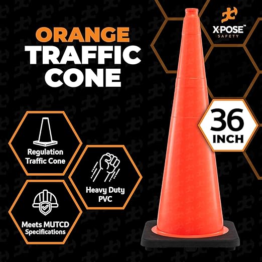 Xpose Safety 36 Inch Orange Traffic Cones Heavy Duty 12lb, 8-Pack - Multipurpose PVC Plastic Safety Cone for Parking, Soccer, Caution, Kids and Construction - DOT Approved