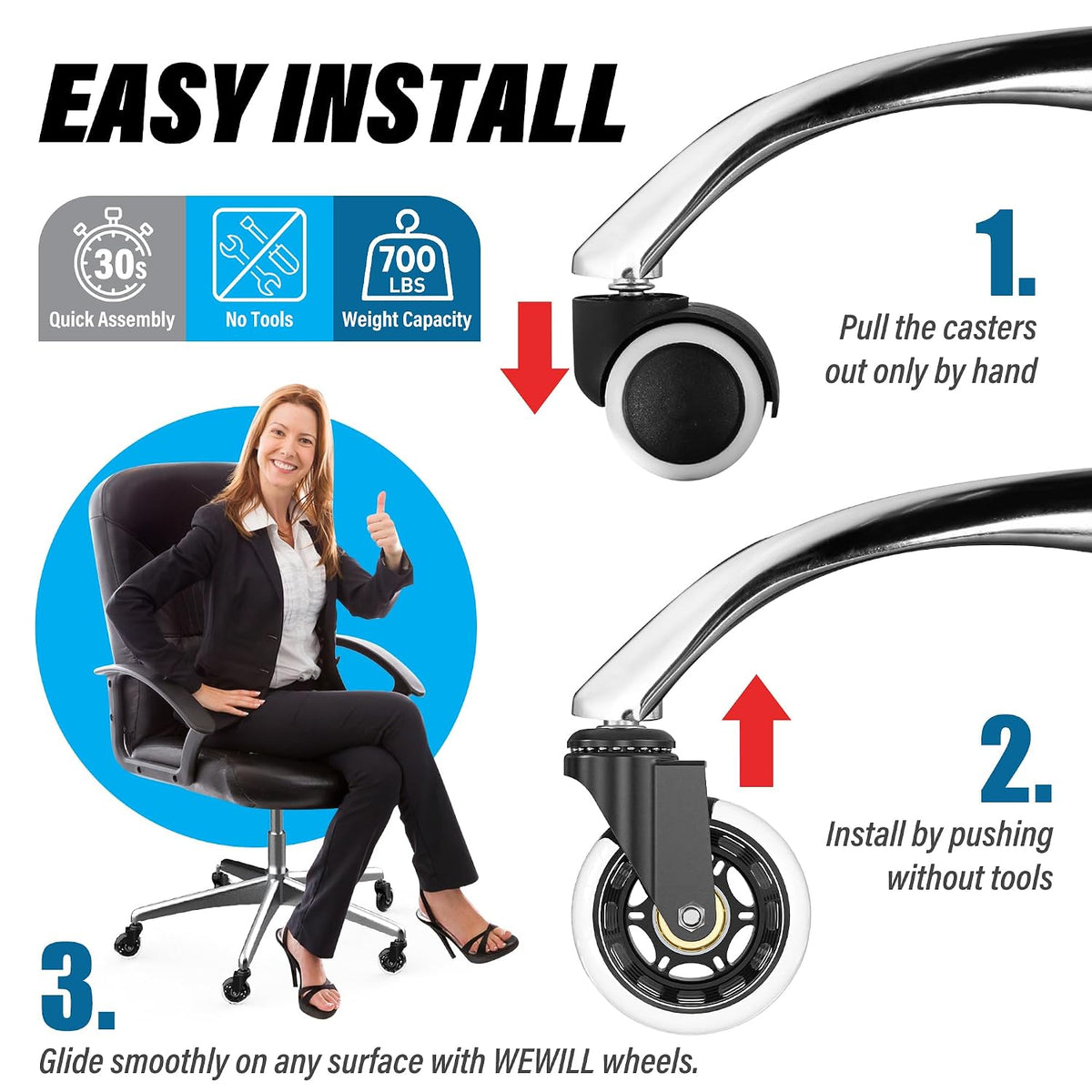 WEWILL Office Chair Wheels - Rubber Casters Replacement Universal Fit 98% Chair(Set of 10) Heavy Duty 3 Inch Smoothly & Quietly Safe for All Floor, Hardwood, Tile, Carpet, Noise Free
