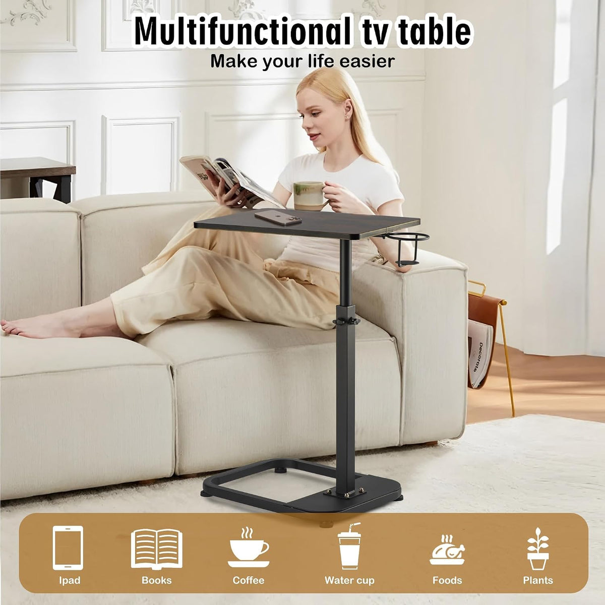 facka Adjustable C-Shaped TV Tray Table 18-32 Inch Height Couch Table