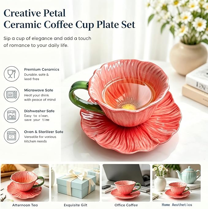 10 oz Tea Cups and Saucers, Flower-Shaped Ceramic Latte Art Cappuccino Cup and