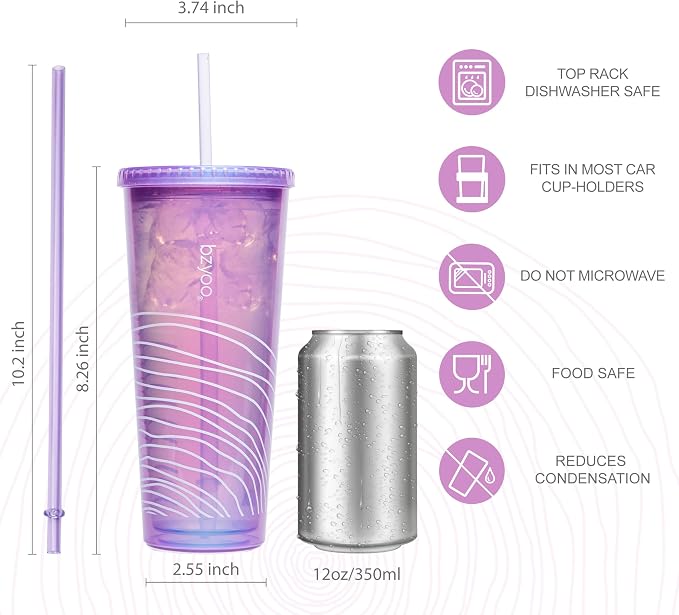 bzyoo 24oz Plastic Tumbler Cup, Lid & Straw, Iced Coffee, dishwasher safe
