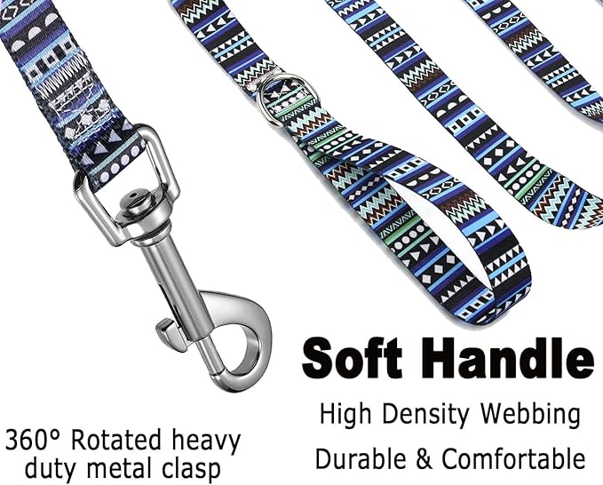 Dog Collar and Leash Set with Bohemia Floral Tribal Geometric Patterns - Soft Ethnic Style Collar Adjustable for Small Medium Large Dogs(Bohemian Blue Set,M)