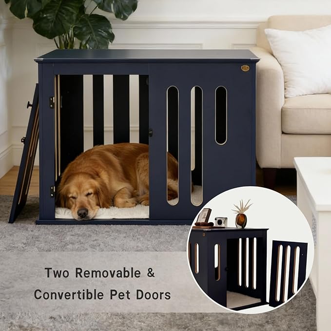 Elegant Heavy-Duty Dog Crate Furniture for Large Dogs - 40-inch Blue Multi-Layer Solid Wood tv Stand with 2 Quick-Release Doors, Stylish Indoor Dog Kennel or cage