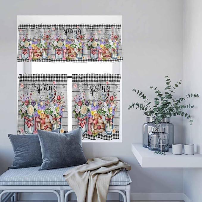 Spring Flowers Kitchen Curtain Set, Farmhouse Black Plaid Wood Grain Window