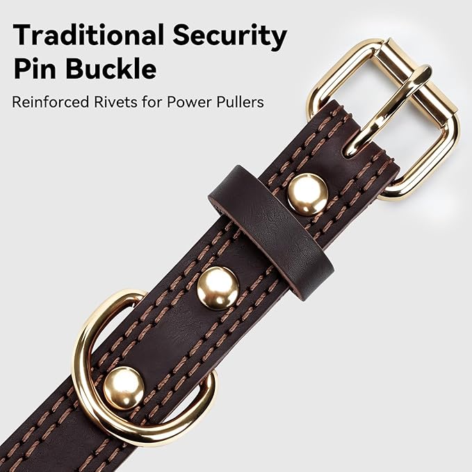 Joytale Genuine Leather Dog Collar for Large Dogs, Heavy Duty Thick Solid Leather for Power Breeds, Sturdy Adjustable Pet Collar with Metal Pin Buckle, Durable for Daily Walking, Brown, XL
