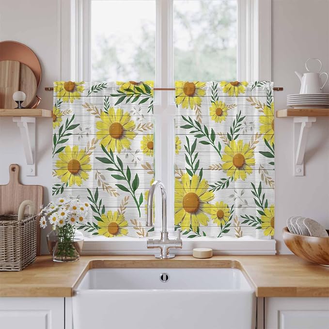Yellow Daisy Kitchen Curtains, Farmhouse Country Flower Leaf Plant Wood Grain