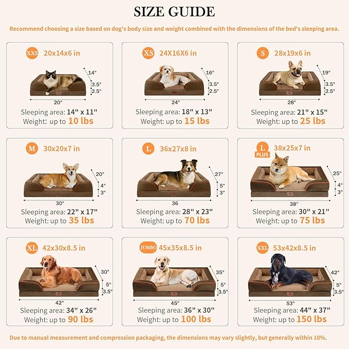 Comfort Expression Orthopedic Dog Bed for Small Dogs 24x16 Inch, Waterproof Supportive Egg Crate Foam Small Pet Bed with Removable Bolsters, Dog Couch with Washable Cover & Non-Slip Bottom, Brown