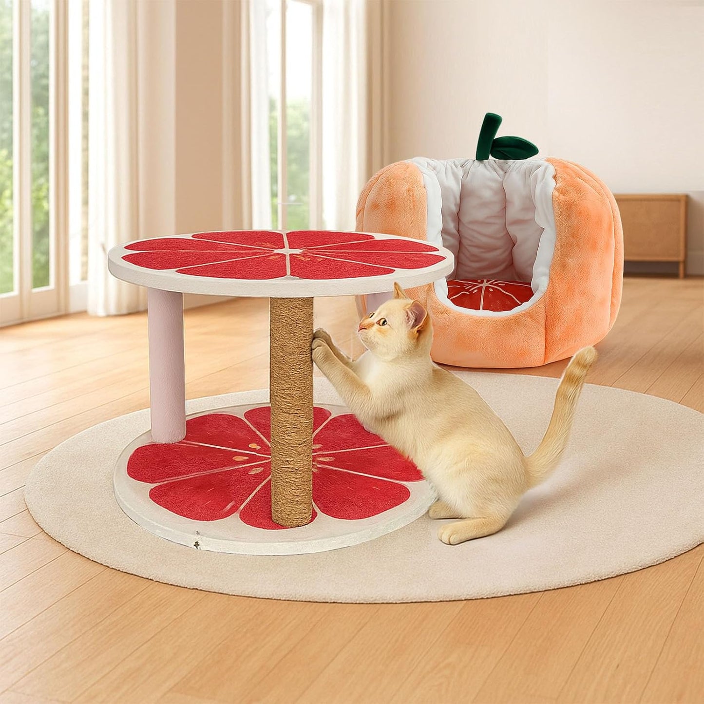 Cat Houses for Indoor Cats, Small Cat Tree with Sisal Ropes and Plush Perch, Cute Cat Bed Cave with Soft Pillow, Grapefruit Design