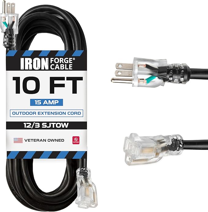 Iron Forge Cable 12 Gauge Outdoor Extension Cord 10 Ft, SJTOW 12/3 Heavy Duty Extension Cord 3 Prong, Oil Resistant & Flame Retardant - Lighted End
